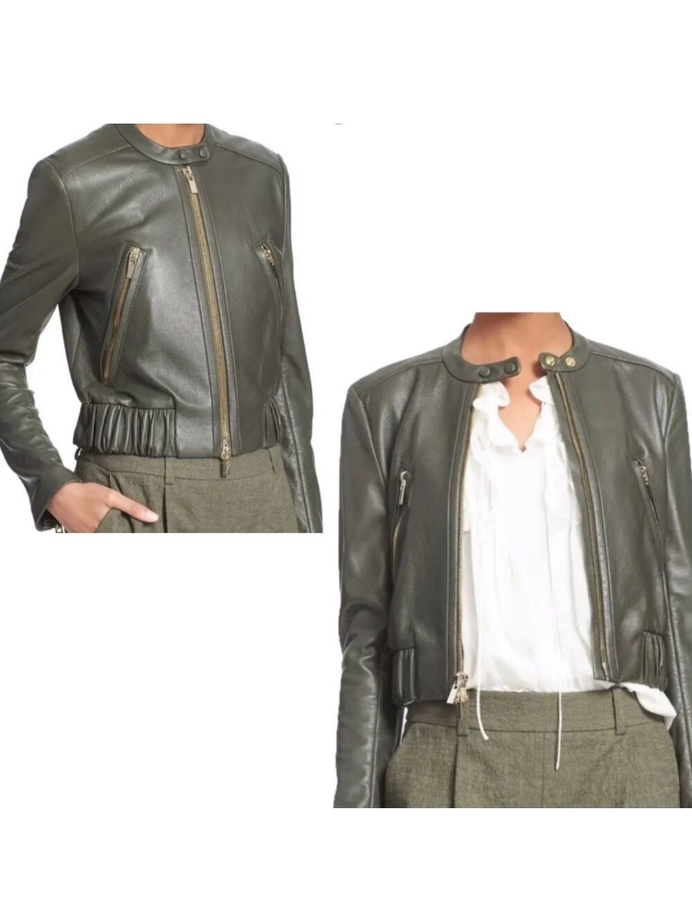 Diane Von Furstenberg green buckley leather biker moto jacket in Deep Lichen S